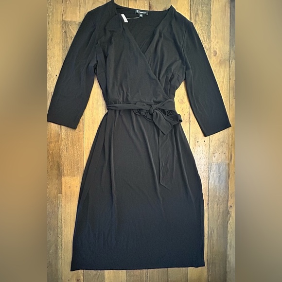 INC International Concepts Black Faux Wrap Midi Dress Flattering waist belt tie - Picture 7 of 12